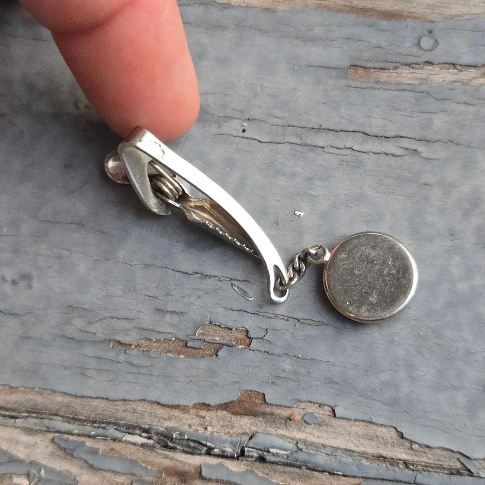 VTG Intaglio Greek Tie Clip Dangle Chain OS Mens Silver Black  Roman Profile EUC